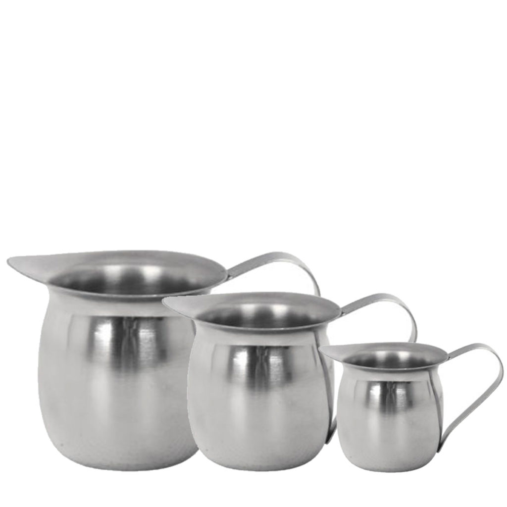 A set of three bellied stainless steel milk jugs.