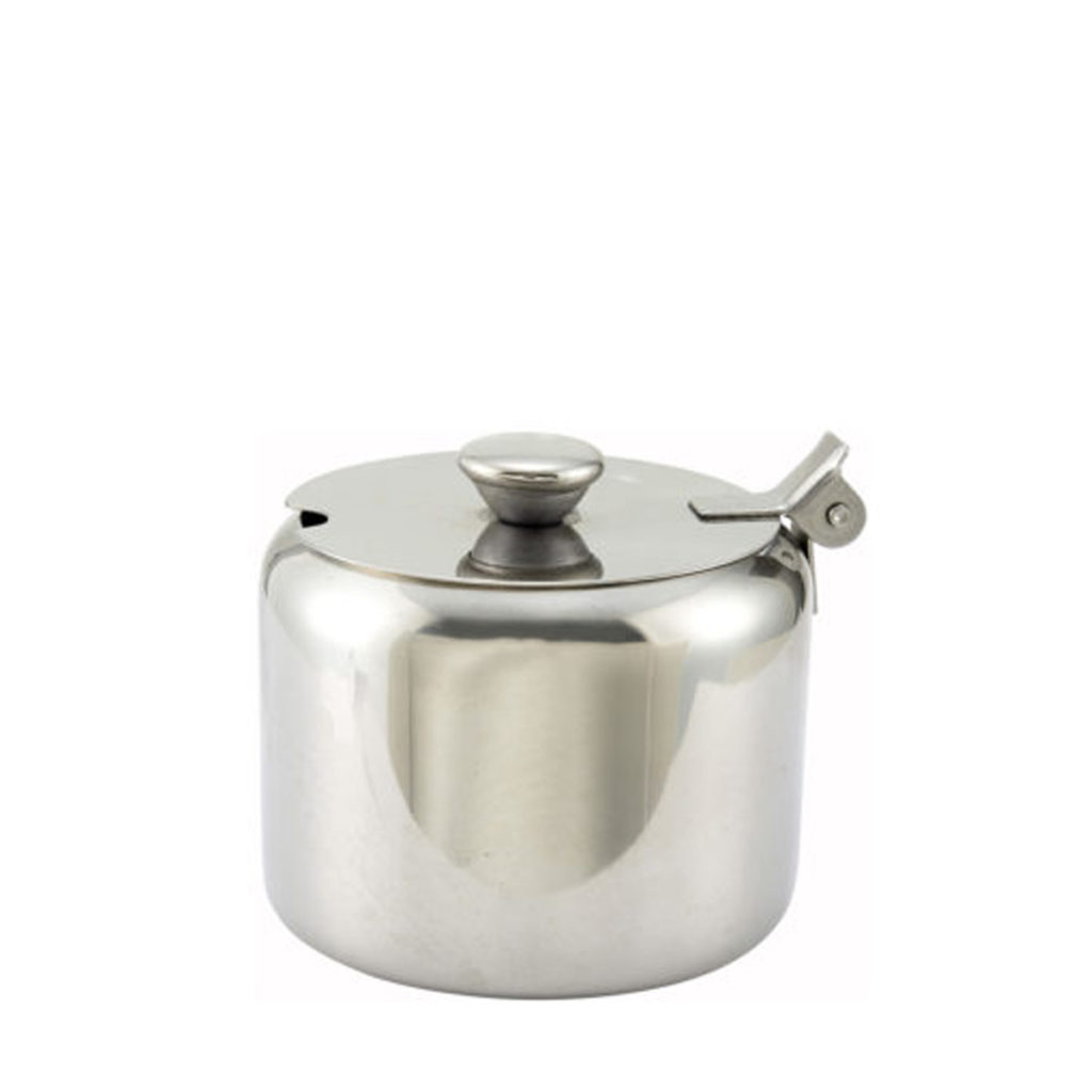 A hinged stainless steel sugar bowl.