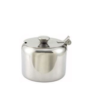 A hinged stainless steel sugar bowl.