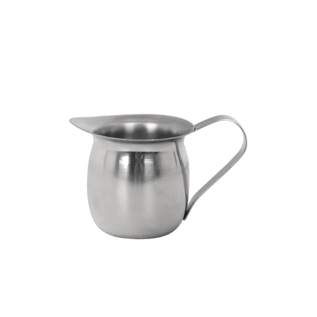An 85ml bellied stainless steel milk jug.