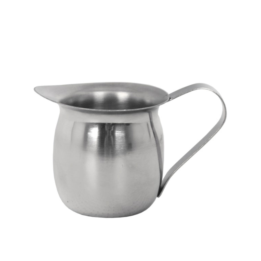 A 150ml bellied stainless steel milk jug.
