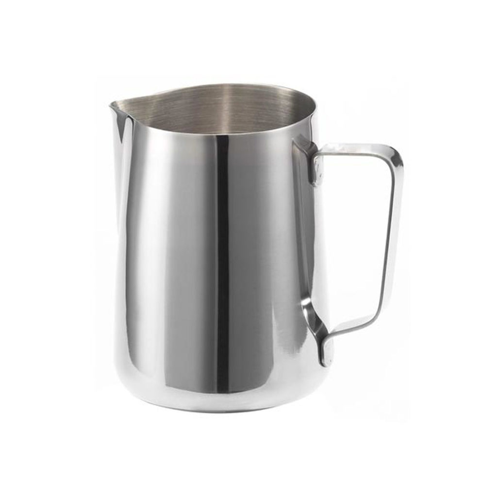 A 1L stainless steel milk frothing jug.