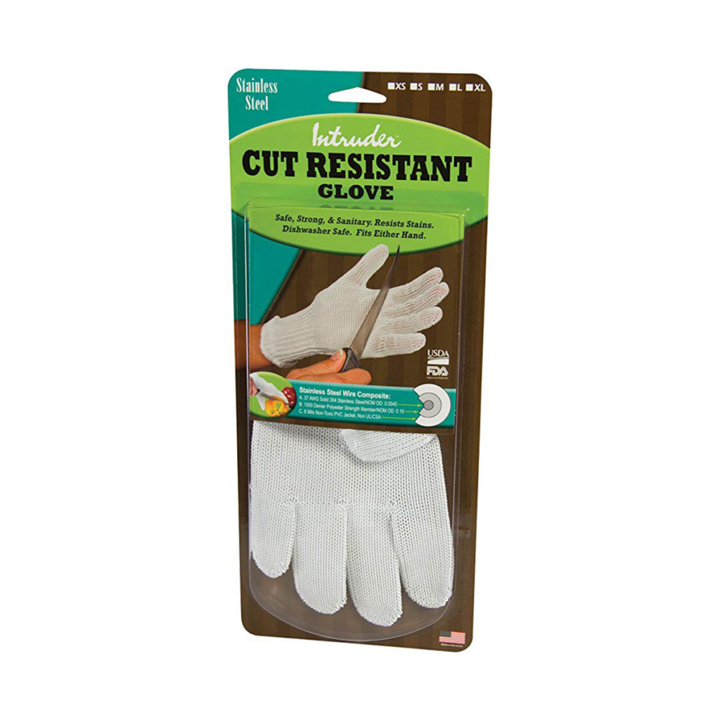 The cut-resistant metal glove packaged in a box.