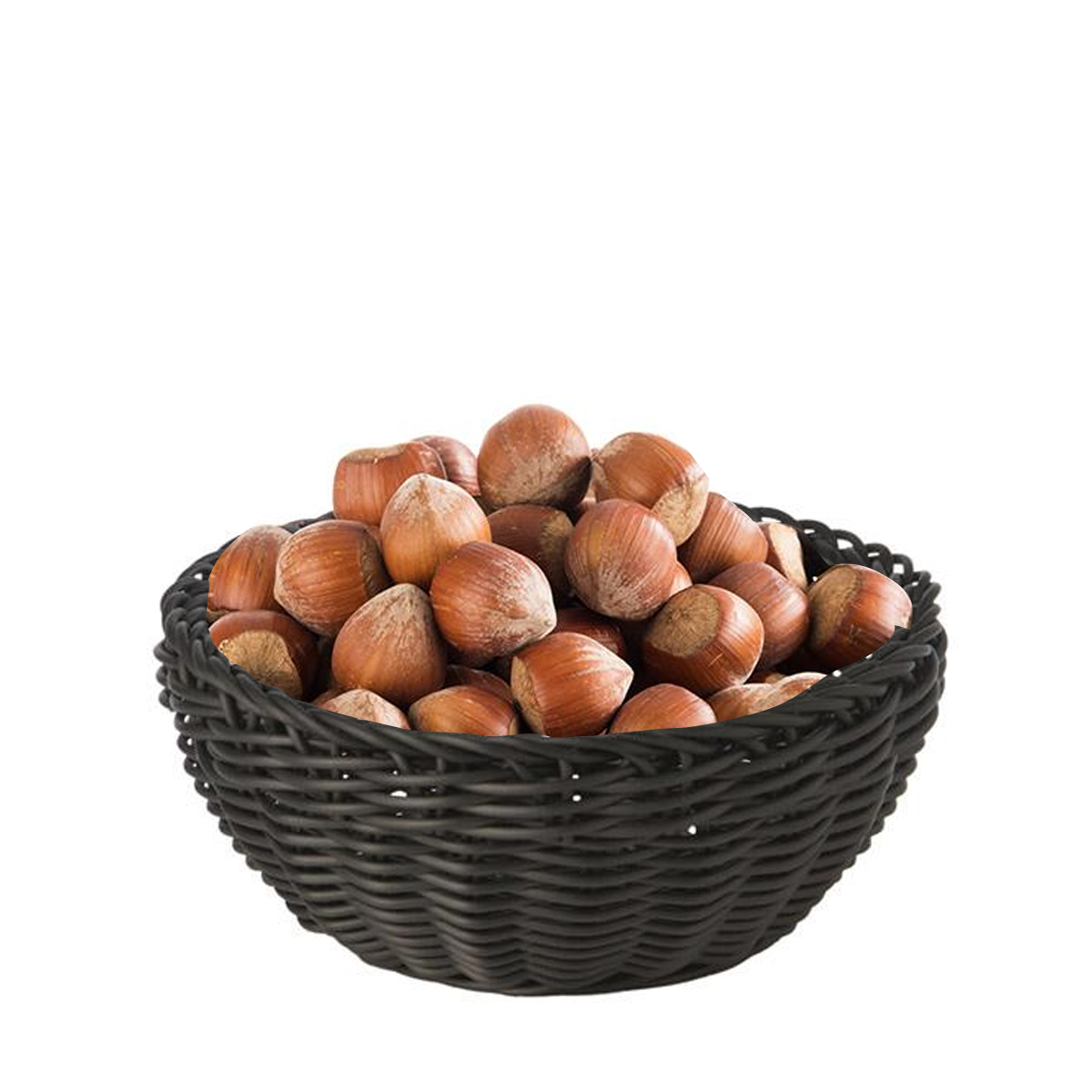 Small black woven basket with nuts by APS.