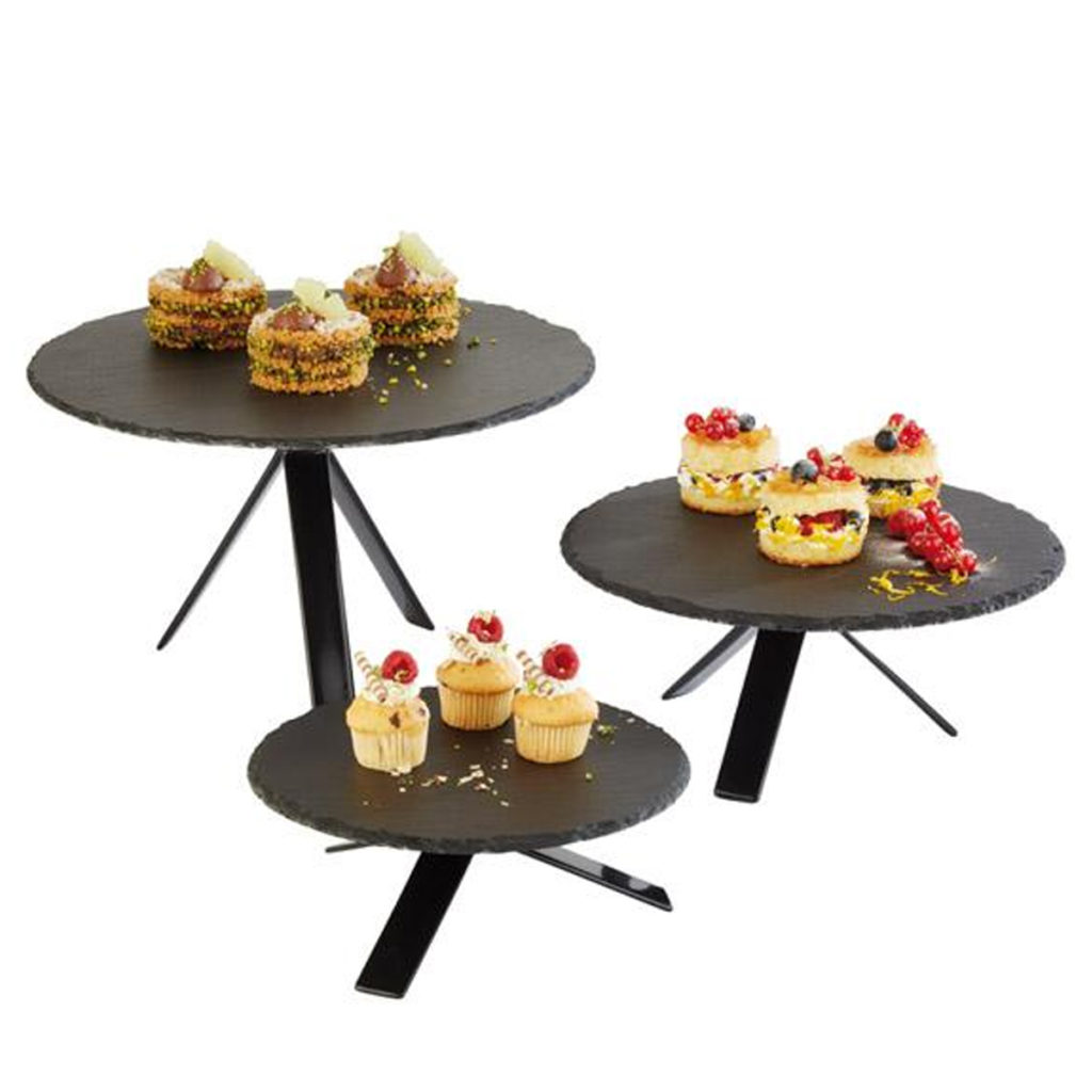 Three star APS buffet stands with food.