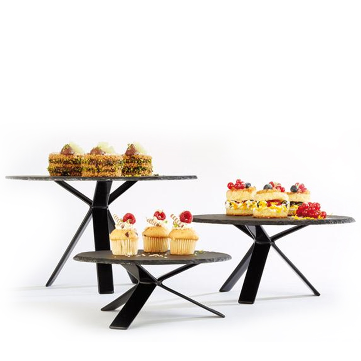 Three star APS buffet stands with food.