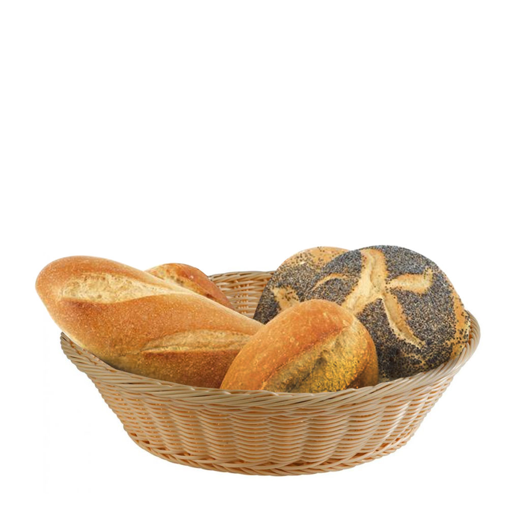 Round woven break basket by APS with bread.