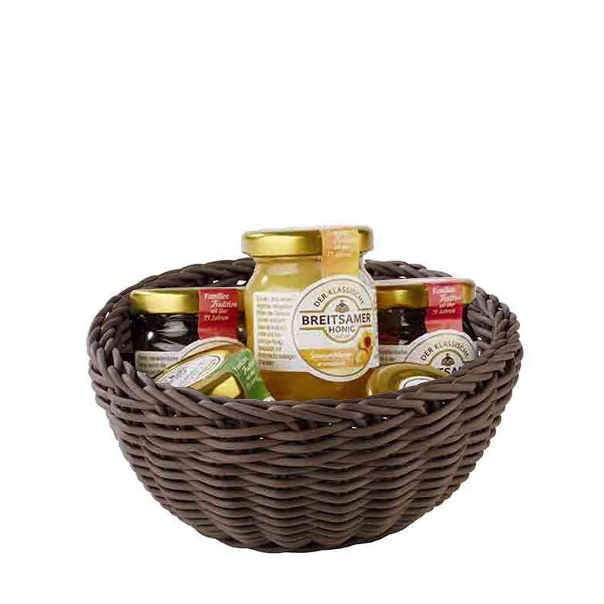 Small dark woven basket with jams by APS.