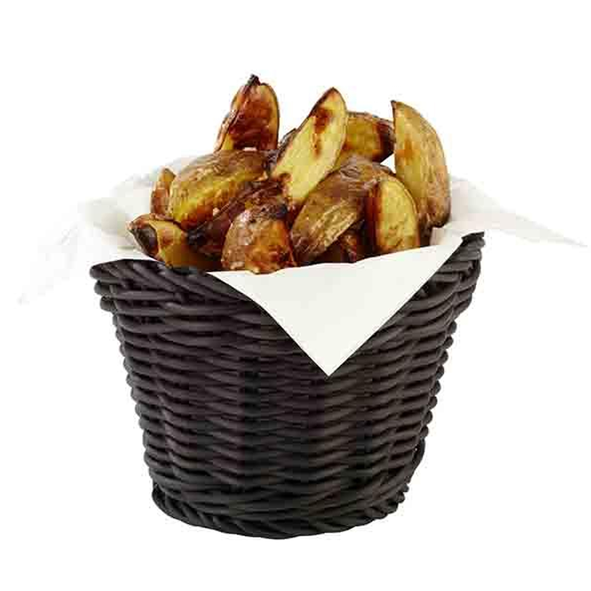 APS's medium black round woven basket with potato wedges.