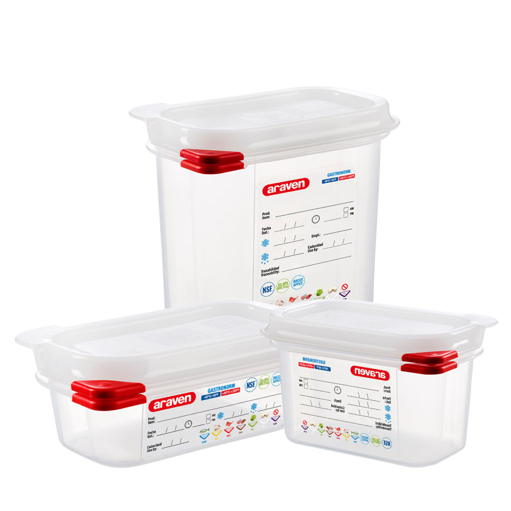 Three different 1/9 GN containers of differing heights.