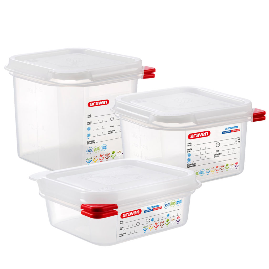 Three 1/6 GN airtight containers by Araven of differing heights.
