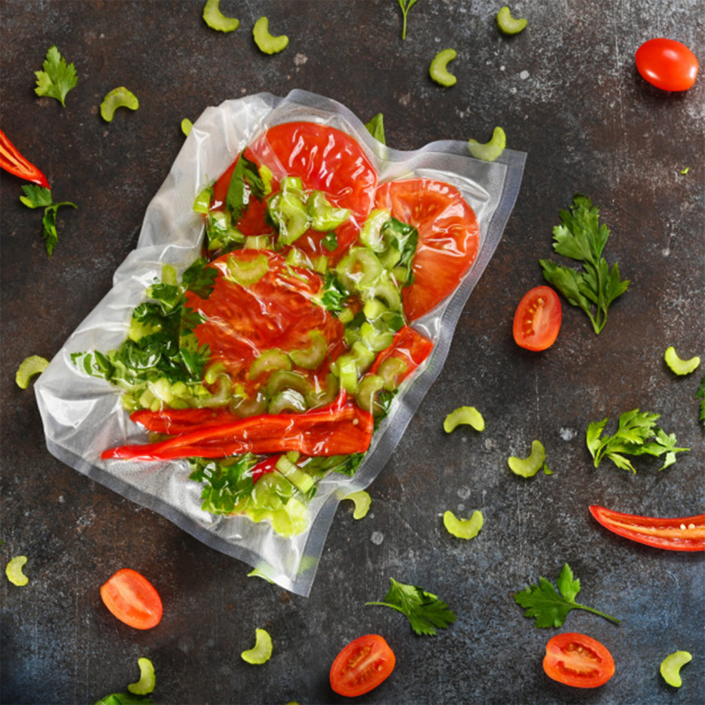Vegetables in a vacuum-sealed bag.