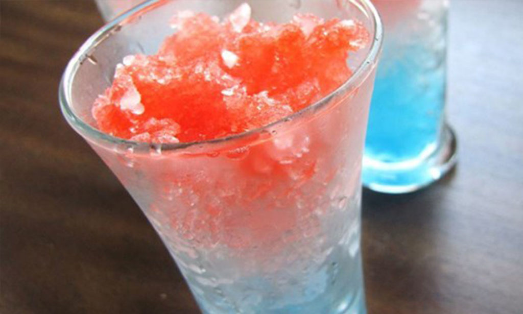 Layered finely crushed ice shots.