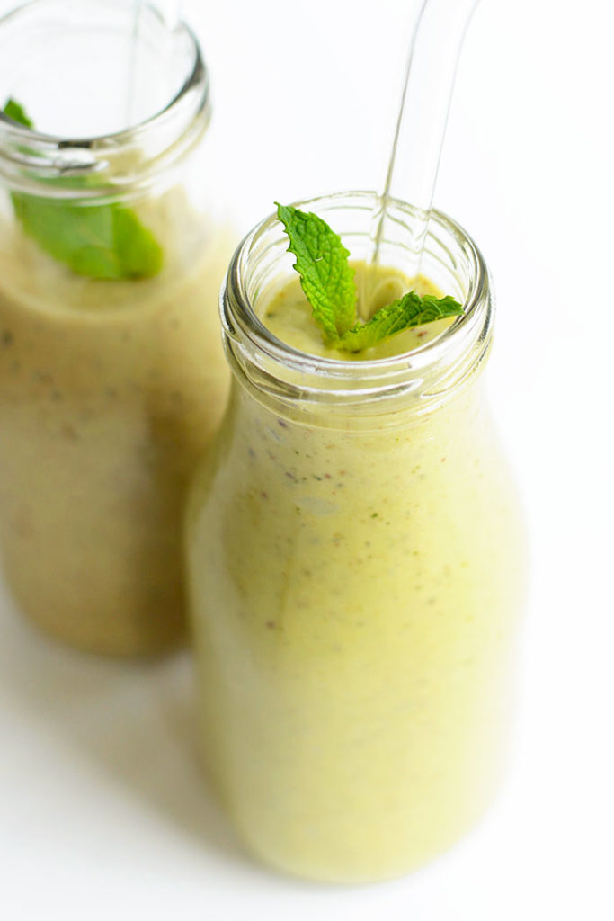 2 avocado, mint, banana and chocolate chip milkshakes.