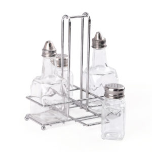 CONDIMENT STAND OIL/VINEGAR/SALT/PEPPER <br> STAINLESS STEEL <br> 4 DIVISION