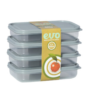PLASTIC SNACK BOX 500ML 4PC <br> GREY LID <br> By Evo