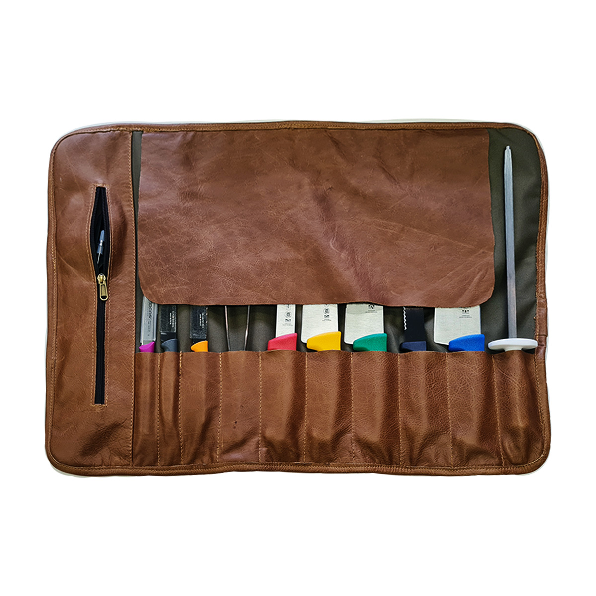 ROLL-UP FULL LEATHER KNIFE BAG <br> 10 POCKET <br> By TM Leather - Image 2