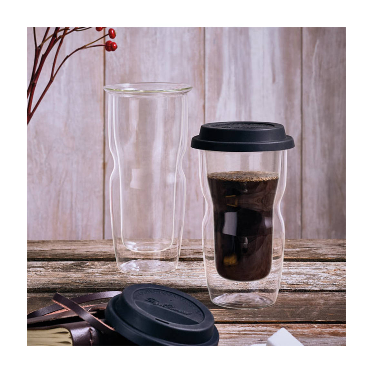 THERMIC GLASS COFFEE-ON-THE-GO MUG 340ML <br> WITH SILICON LID <br> By Luigi Bormioli - Image 2