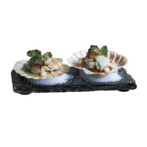 NATURAL SLATE SERVING TRAY <br> WITH 2 INDENT HOLES 60D MM <br> By APS