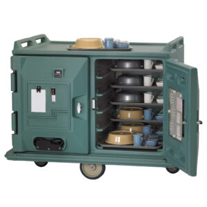 ELECTRICALLY HEATED 20 TRAY LOW PROFILE MEAL DELIVERY CART SLATE BLUE 220V - TWO CABINET <br> By Cambro